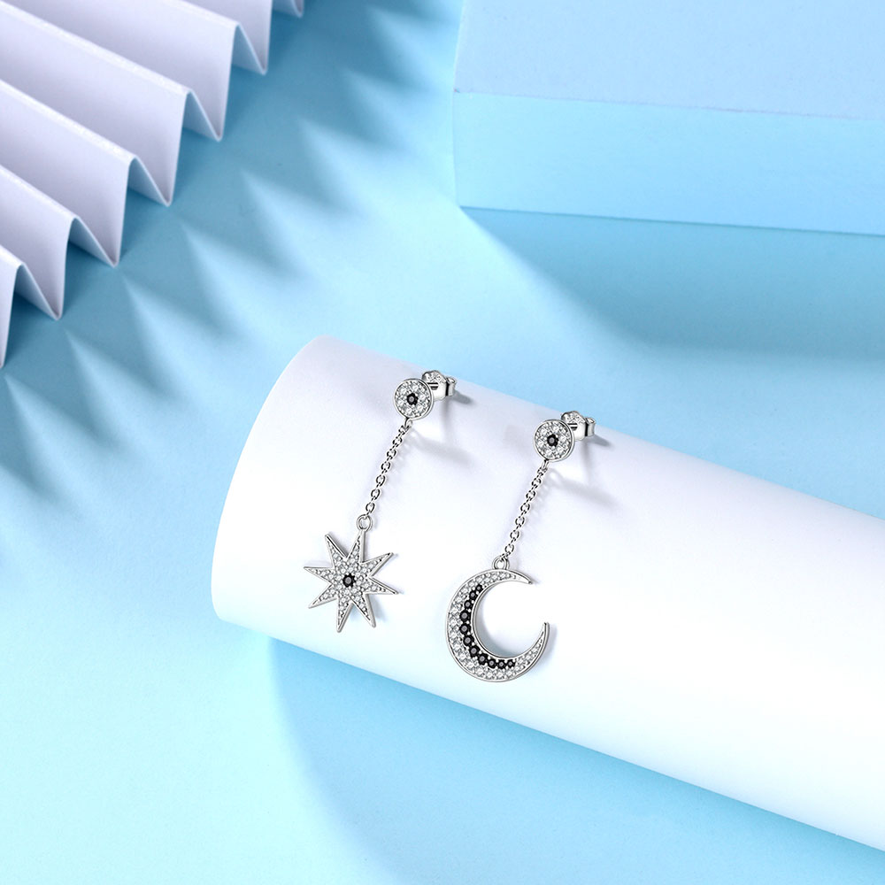 Tokyo Mart Women Asymmetric Celestial Moon & Star Dangle Earrings 925 Sterling Silver