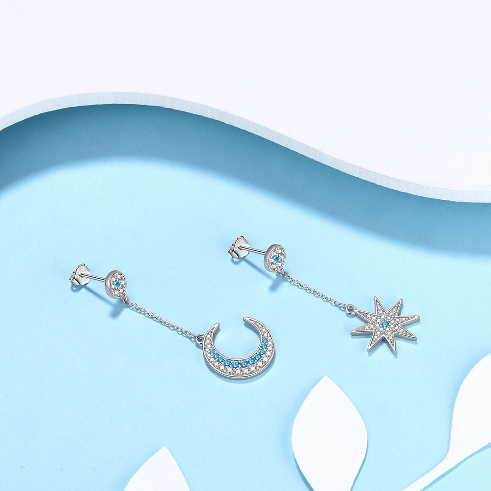 Tokyo Mart Women Asymmetric Celestial Moon & Star Dangle Earrings 925 Sterling Silver