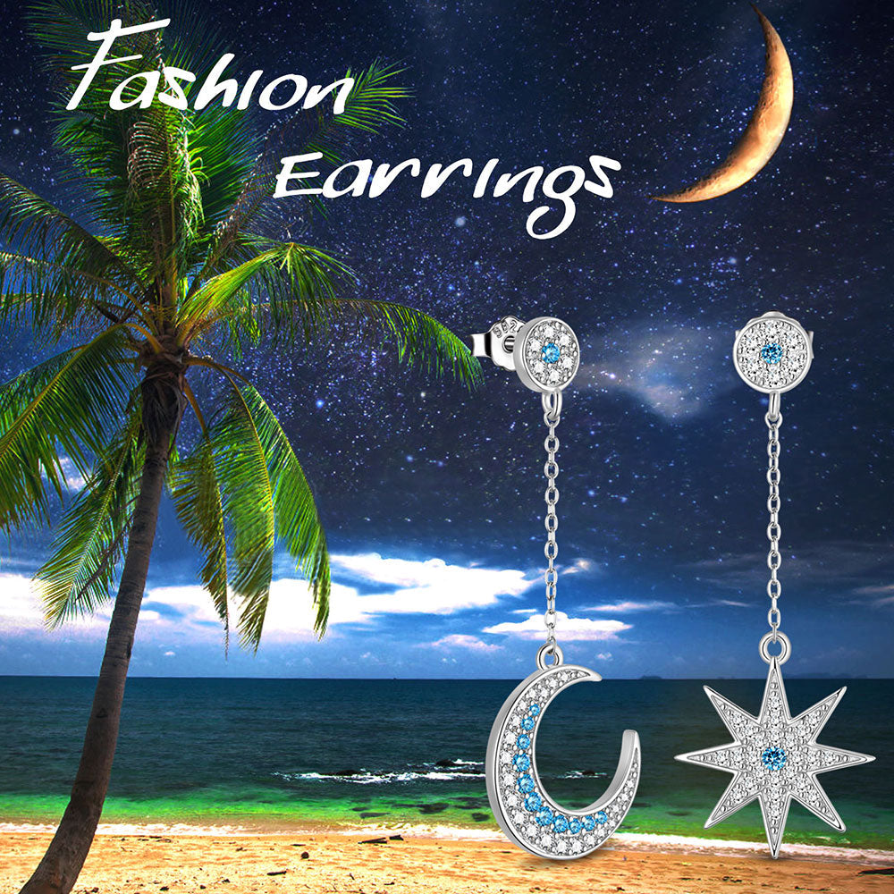 Tokyo Mart Women Asymmetric Celestial Moon & Star Dangle Earrings 925 Sterling Silver