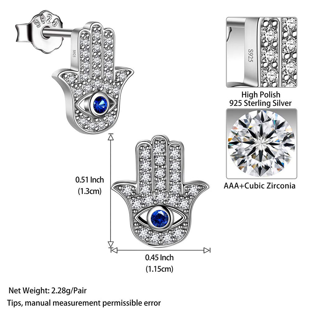 Tokyo Mart Blue Evil Eye Earrings Stud Women Girls Protection Jewelry Hamsa Hand of Fatima 925 Sterling Silver