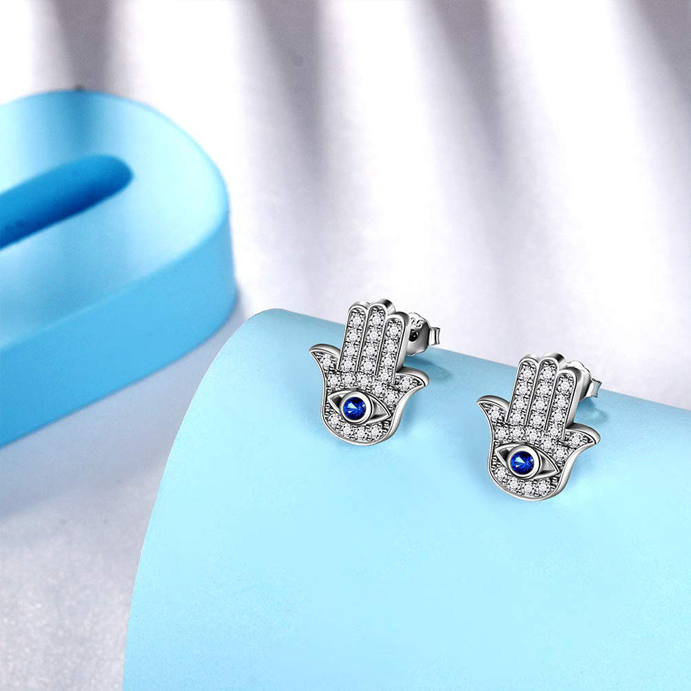 Tokyo Mart Blue Evil Eye Earrings Stud Women Girls Protection Jewelry Hamsa Hand of Fatima 925 Sterling Silver