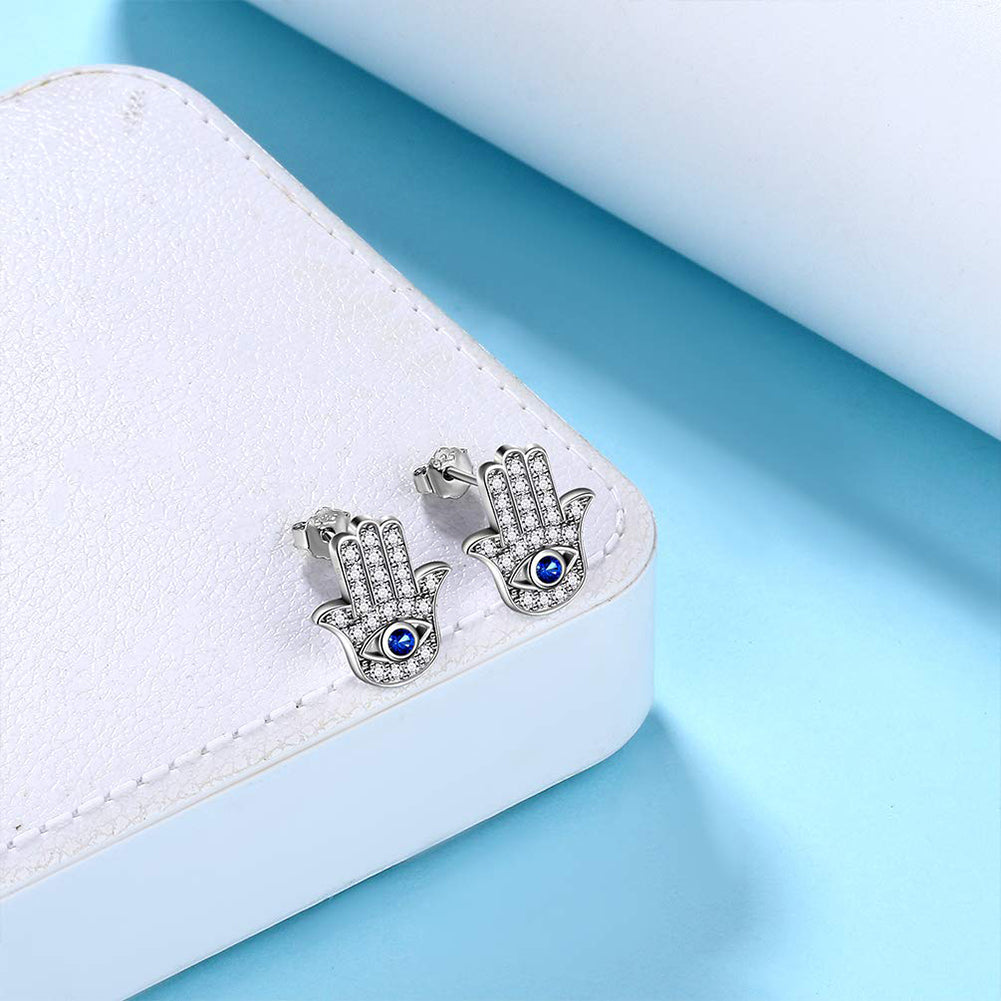 Tokyo Mart Blue Evil Eye Earrings Stud Women Girls Protection Jewelry Hamsa Hand of Fatima 925 Sterling Silver