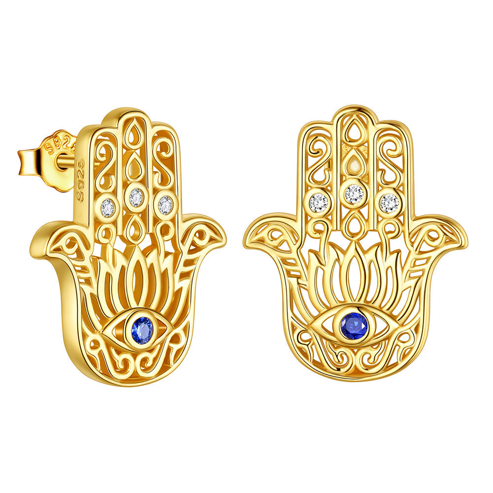 Tokyo Mart Blue Evil Eye Earrings Men Women Jewelry Lotus Fatima Hamsa Hand Stud Earrings 925 Sterling Silver