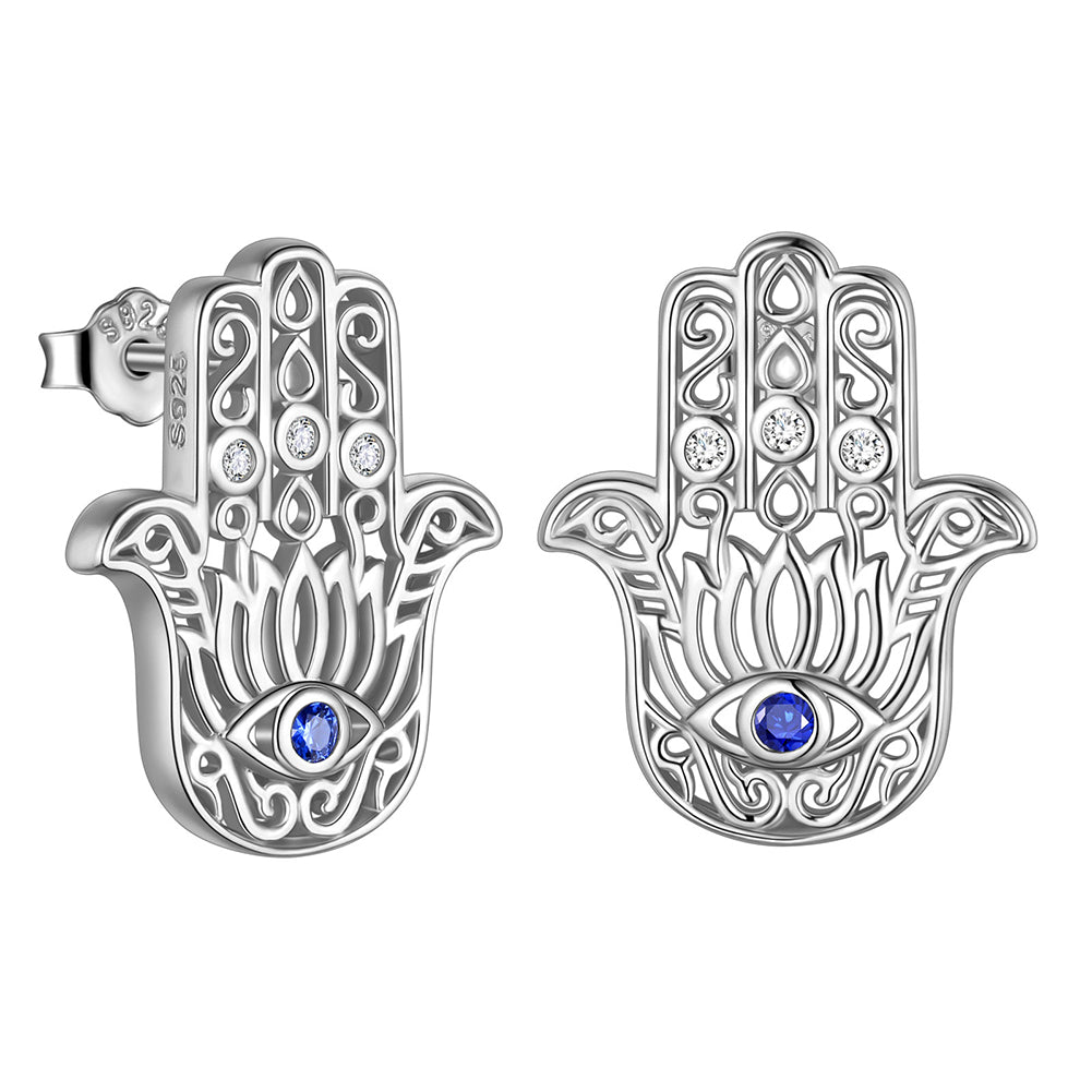 Tokyo Mart Blue Evil Eye Earrings Men Women Jewelry Lotus Fatima Hamsa Hand Stud Earrings 925 Sterling Silver