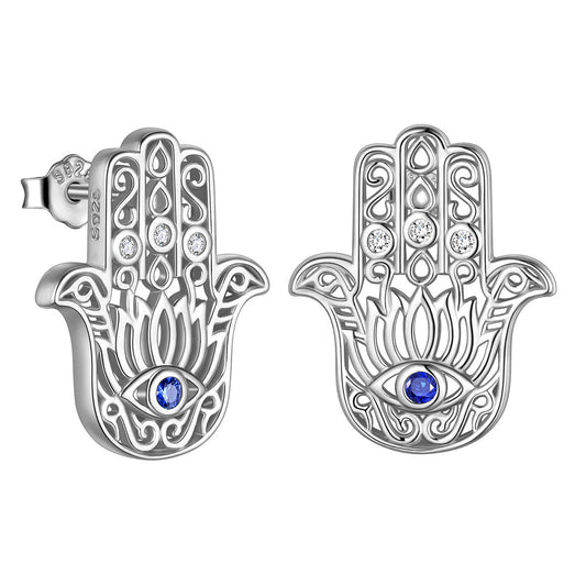 Tokyo Mart Blue Evil Eye Earrings Men Women Jewelry Lotus Fatima Hamsa Hand Stud Earrings 925 Sterling Silver