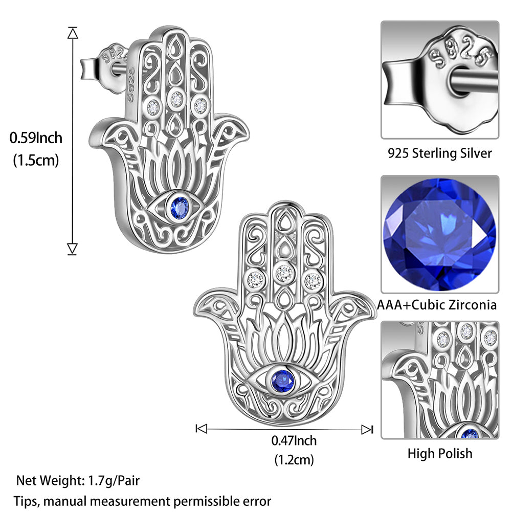 Tokyo Mart Blue Evil Eye Earrings Men Women Jewelry Lotus Fatima Hamsa Hand Stud Earrings 925 Sterling Silver