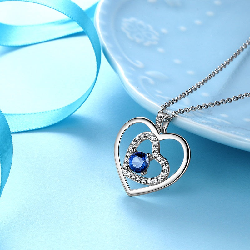 Tokyo Mart Women Blue Heart Necklace September Birthstone Pendant Sapphire Girls Jewelry Birthday Gifts 925 Sterling Silver