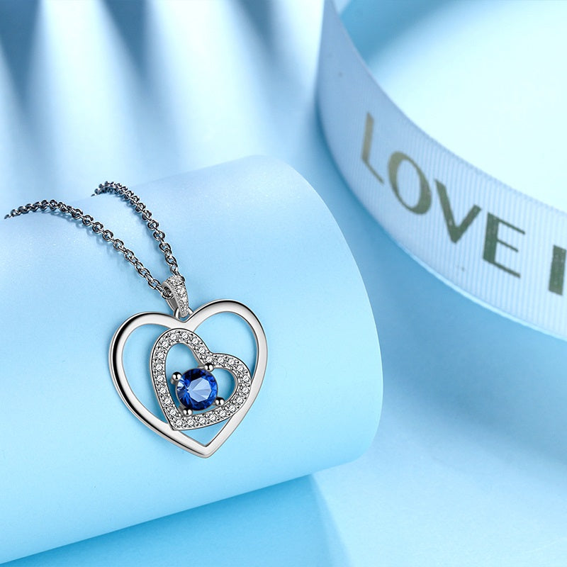 Tokyo Mart Women Blue Heart Necklace September Birthstone Pendant Sapphire Girls Jewelry Birthday Gifts 925 Sterling Silver