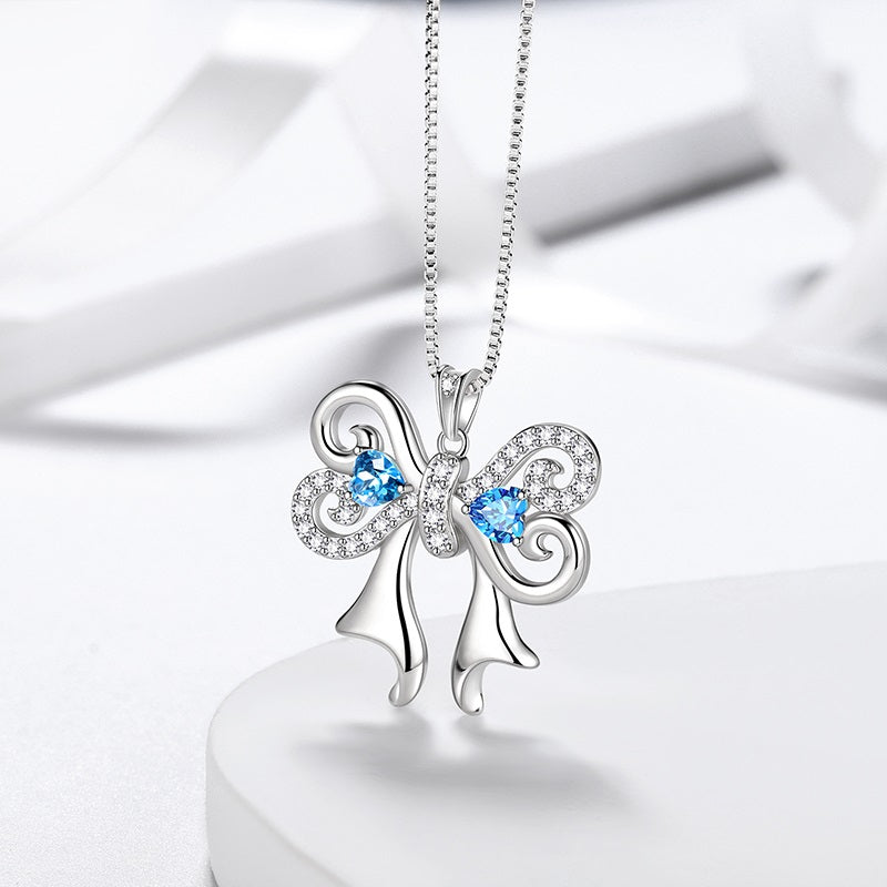 Tokyo Mart Women Bow Ribbon Necklace March Birthstone Pendant Blue Crystal Girls Jewelry Birthday Gifts 925 Sterling Silver