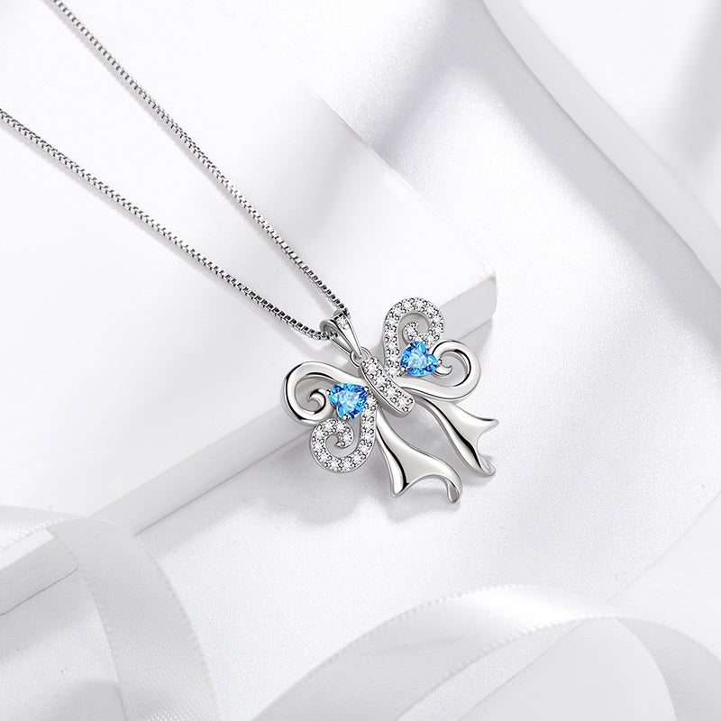 Tokyo Mart Women Bow Ribbon Necklace March Birthstone Pendant Blue Crystal Girls Jewelry Birthday Gifts 925 Sterling Silver