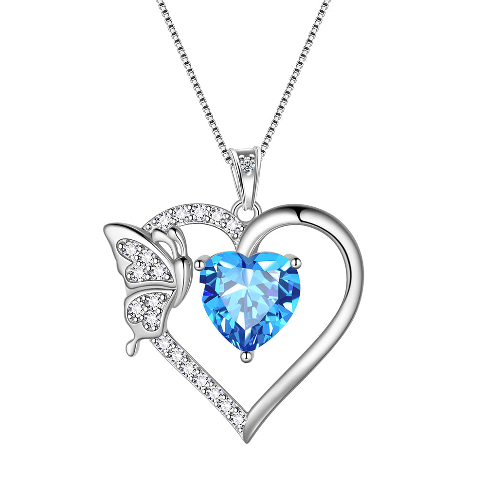 Tokyo Mart Women Heart Necklace Birthstone Butterfly Pendant Jewelry Girls Birthday Gifts 925 Sterling Silver