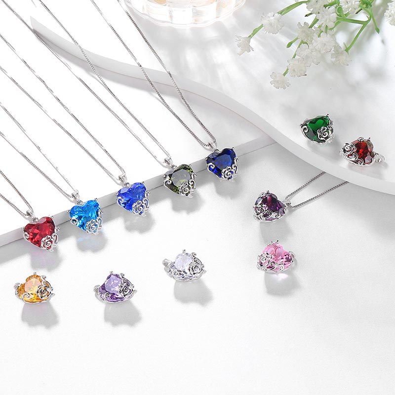 Tokyo Mart Women Heart Necklace Birthstone Jewelry Flower Rose Pendant Girls Christmas Gift Sterling Silver