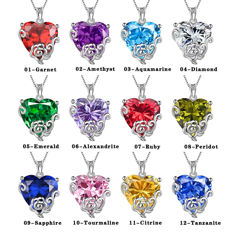 Tokyo Mart Women Heart Necklace Birthstone Jewelry Flower Rose Pendant Girls Christmas Gift Sterling Silver