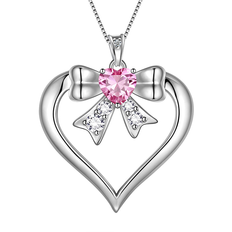 Tokyo Mart Women Love Heart Bow Necklace October Birthstone Pendant Pink Tourmaline Girls Jewelry Birthday Gifts 925 Sterling Silver