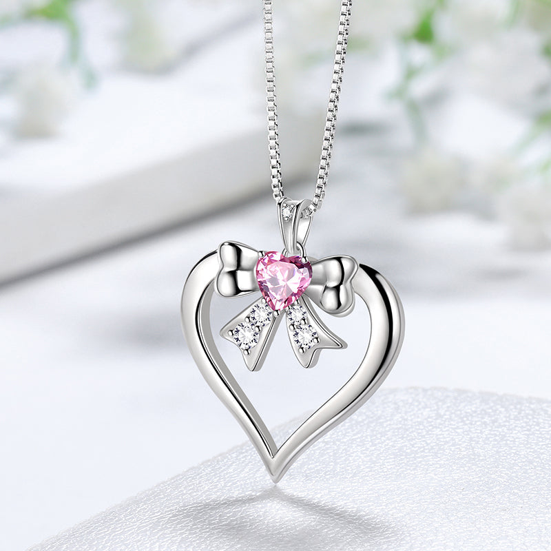 Tokyo Mart Women Love Heart Bow Necklace October Birthstone Pendant Pink Tourmaline Girls Jewelry Birthday Gifts 925 Sterling Silver