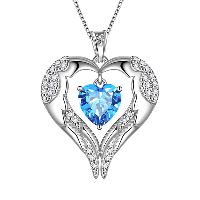 Tokyo Mart Women Love Heart Wings Necklace March Birthstone Pendant Aquamarine Girls Jewelry Birthday Gifts 925 Sterling Silver