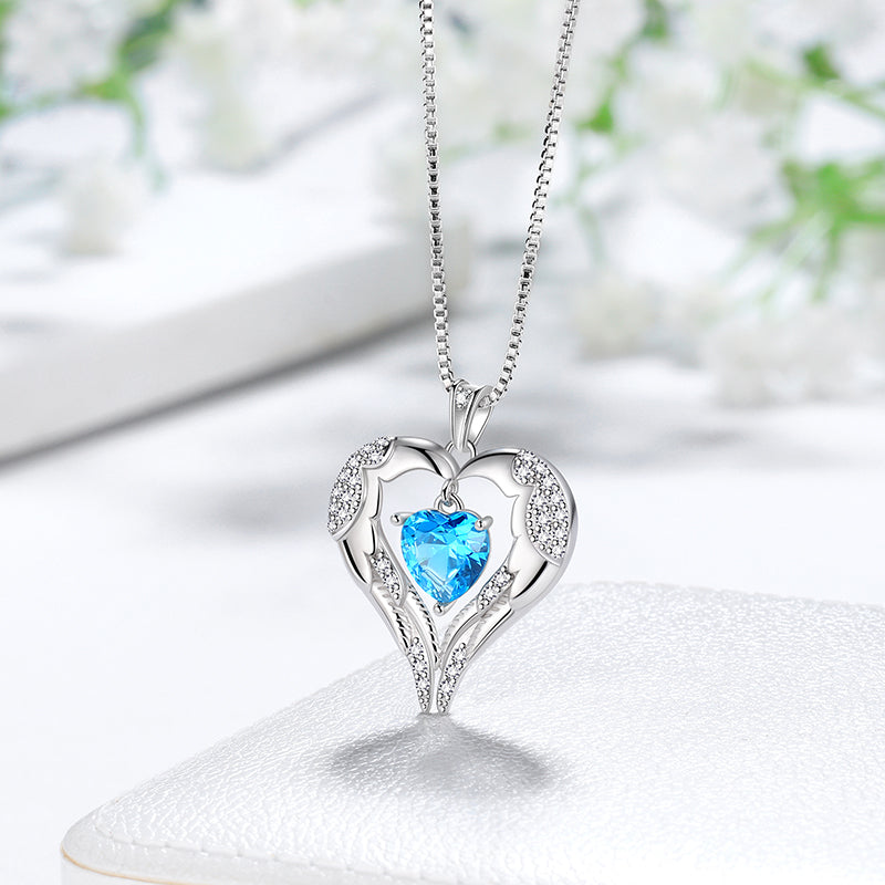 Tokyo Mart Women Love Heart Wings Necklace March Birthstone Pendant Aquamarine Girls Jewelry Birthday Gifts 925 Sterling Silver