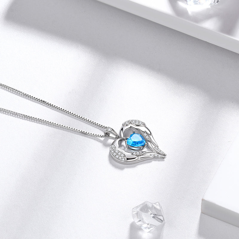 Tokyo Mart Women Love Heart Wings Necklace March Birthstone Pendant Aquamarine Girls Jewelry Birthday Gifts 925 Sterling Silver