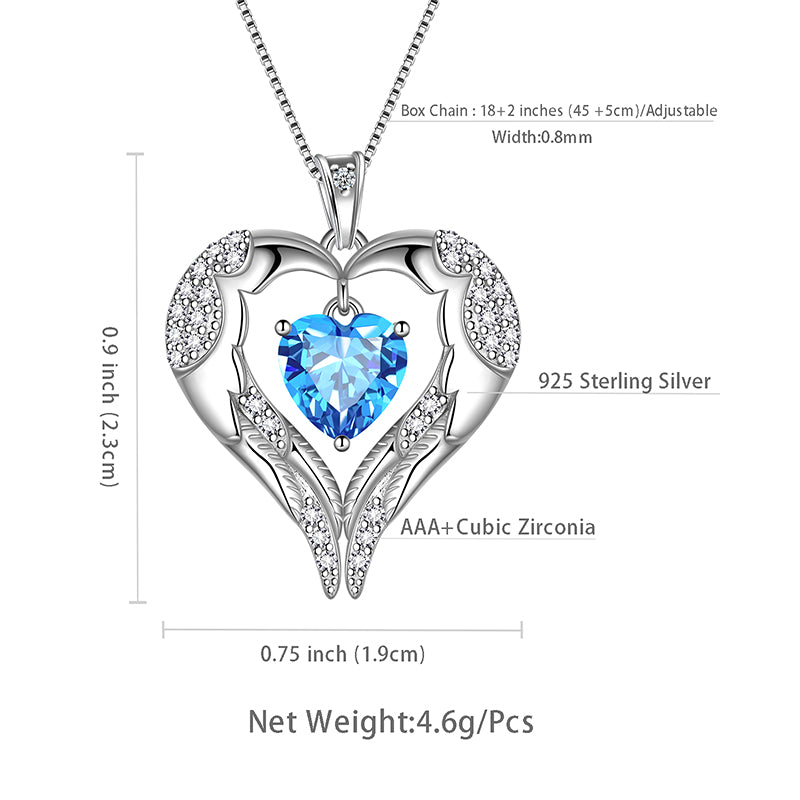 Tokyo Mart Women Love Heart Wings Necklace March Birthstone Pendant Aquamarine Girls Jewelry Birthday Gifts 925 Sterling Silver