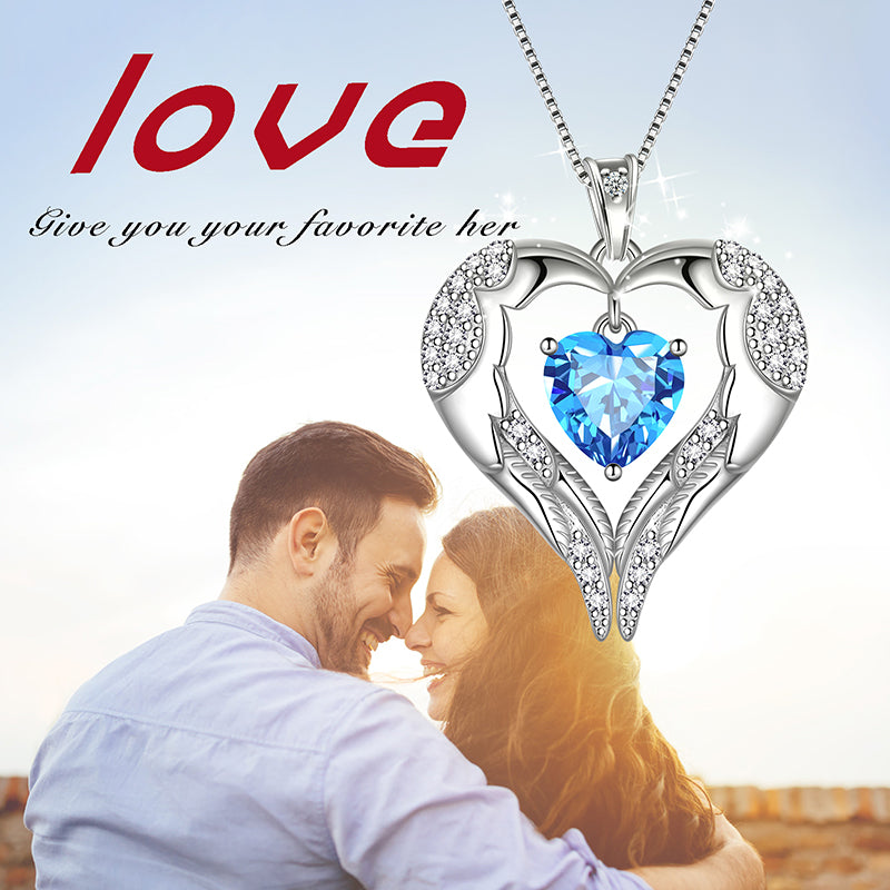 Tokyo Mart Women Love Heart Wings Necklace March Birthstone Pendant Aquamarine Girls Jewelry Birthday Gifts 925 Sterling Silver