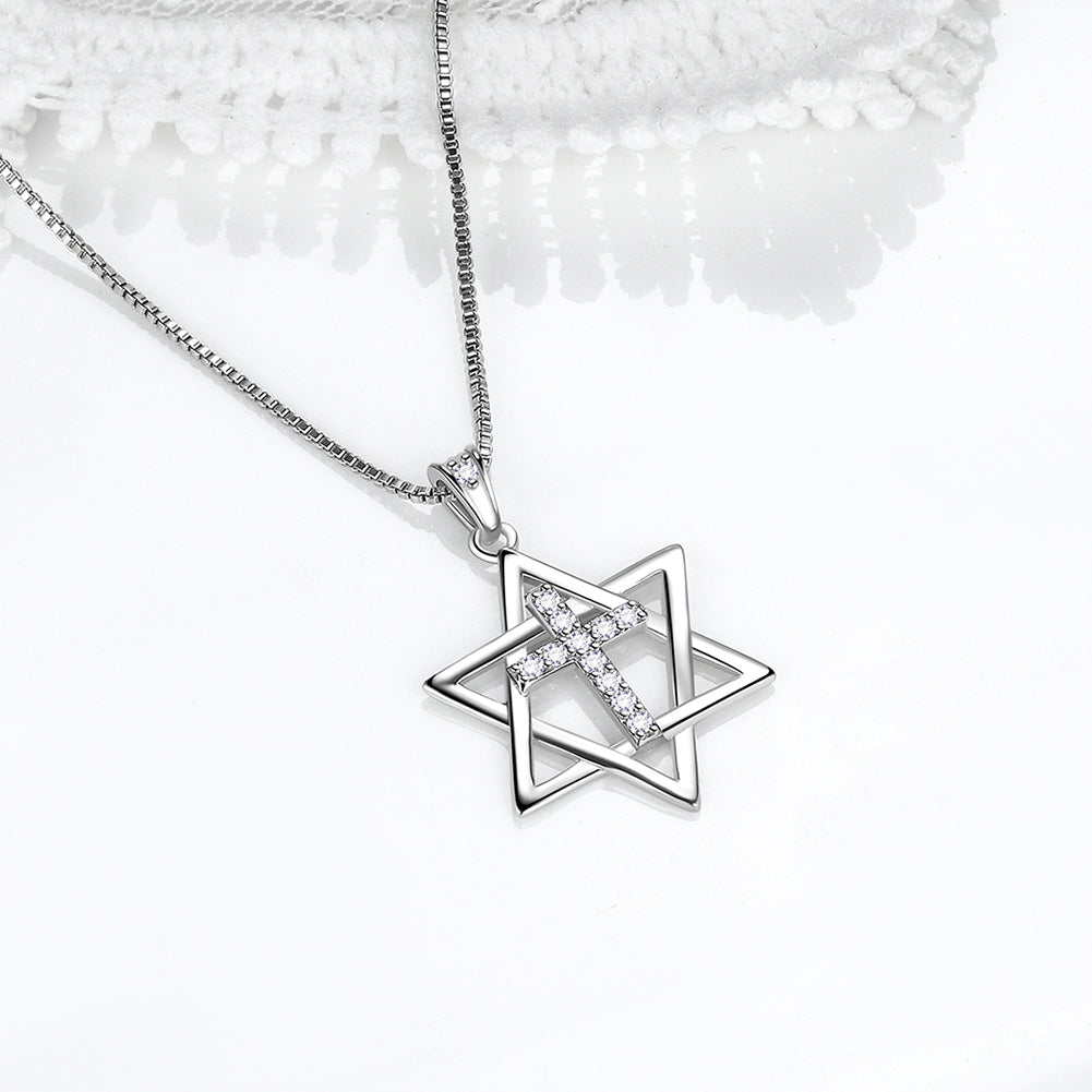 Tokyo Mart Magen Davidstern-Halskette mit Kreuzanhänger, Damen und Herren, 925er Sterlingsilber, jüdischer Amulettschmuck