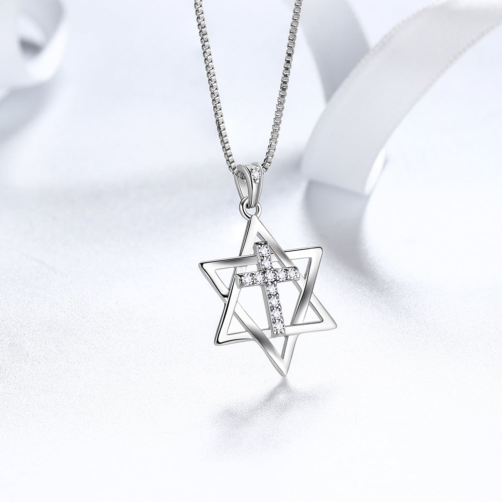 Tokyo Mart Magen Davidstern-Halskette mit Kreuzanhänger, Damen und Herren, 925er Sterlingsilber, jüdischer Amulettschmuck