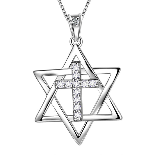 Tokyo Mart Magen Davidstern-Halskette mit Kreuzanhänger, Damen und Herren, 925er Sterlingsilber, jüdischer Amulettschmuck