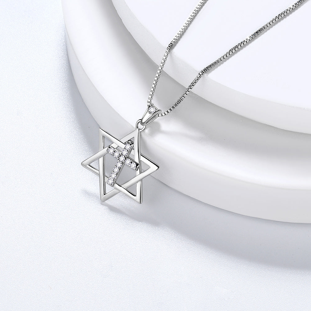 Tokyo Mart Magen Davidstern-Halskette mit Kreuzanhänger, Damen und Herren, 925er Sterlingsilber, jüdischer Amulettschmuck