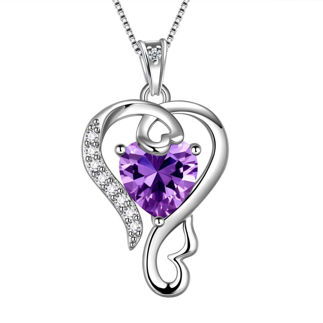 Tokyo Mart Halskette mit Anhänger „Love Heart“ mit Geburtsstein, Amethyst, für Damen und Mädchen, Schmuck, Geburtstagsgeschenk