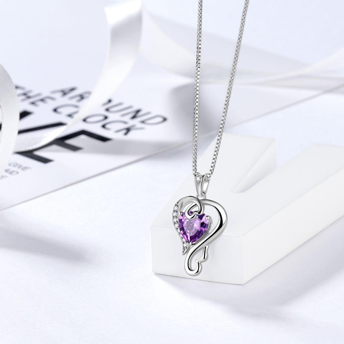 Tokyo Mart Halskette mit Anhänger „Love Heart“ mit Geburtsstein, Amethyst, für Damen und Mädchen, Schmuck, Geburtstagsgeschenk