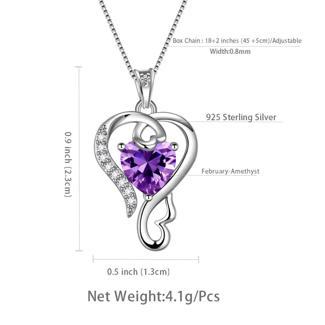 Tokyo Mart Halskette mit Anhänger „Love Heart“ mit Geburtsstein, Amethyst, für Damen und Mädchen, Schmuck, Geburtstagsgeschenk