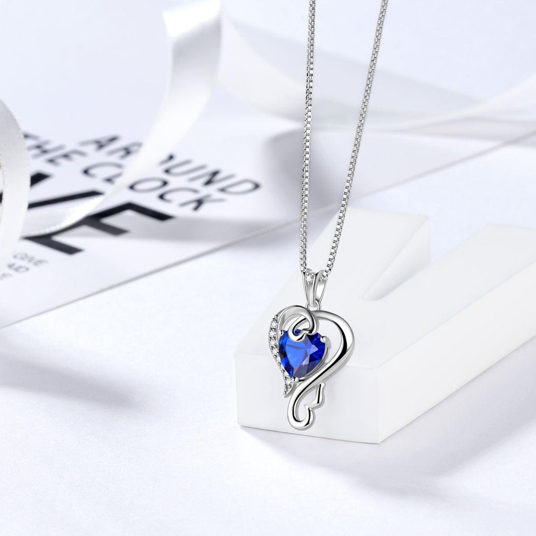 Tokyo Mart Halskette mit Anhänger „Love Heart“ mit Geburtsstein, Saphir, für Damen und Mädchen, Schmuck, Geburtstagsgeschenk