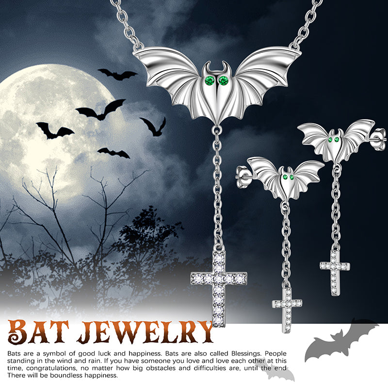 Tokyo Mart Black Bat Cross Necklace Earrings Men Women Gothic Halloween Jewelry