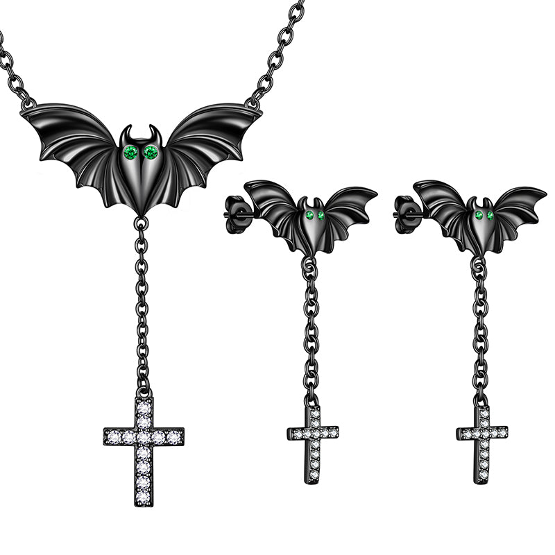 Tokyo Mart Black Bat Cross Necklace Earrings Men Women Gothic Halloween Jewelry