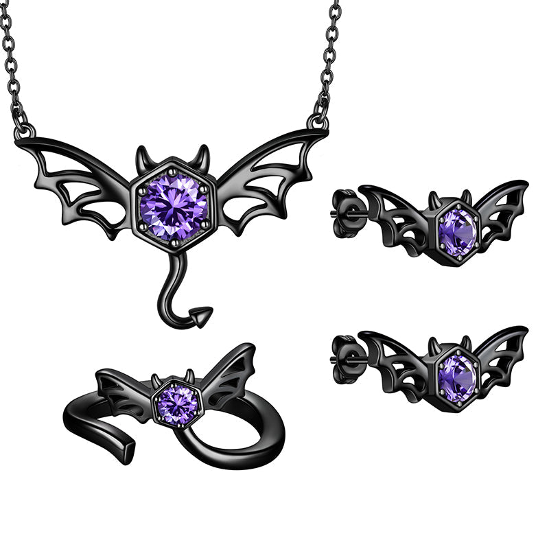 Tokyo Mart Black Bat Devil Necklace Earrings Ring Women Men Gothic Halloween Jewelry