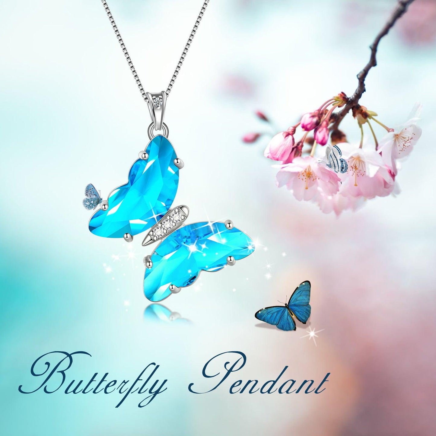 Tokyo Mart Blue Butterfly Necklace March Aquamarine Birthstone Pendant Women Girls Jewelry Birthday Gift