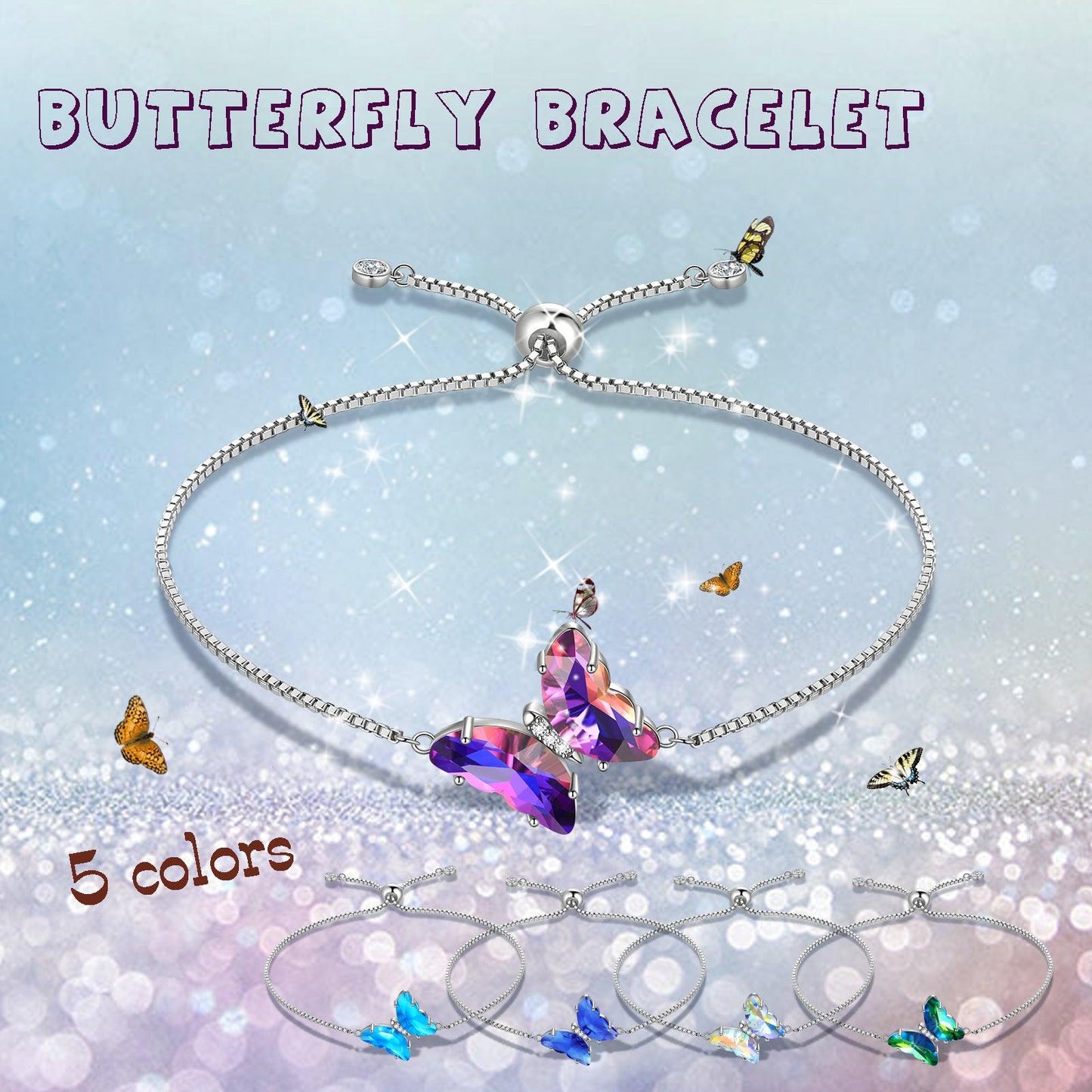 Tokyo Mart 925 Sterling Silver Butterfly Bracelet Birthstone Crystal Women Jewelry Gifts