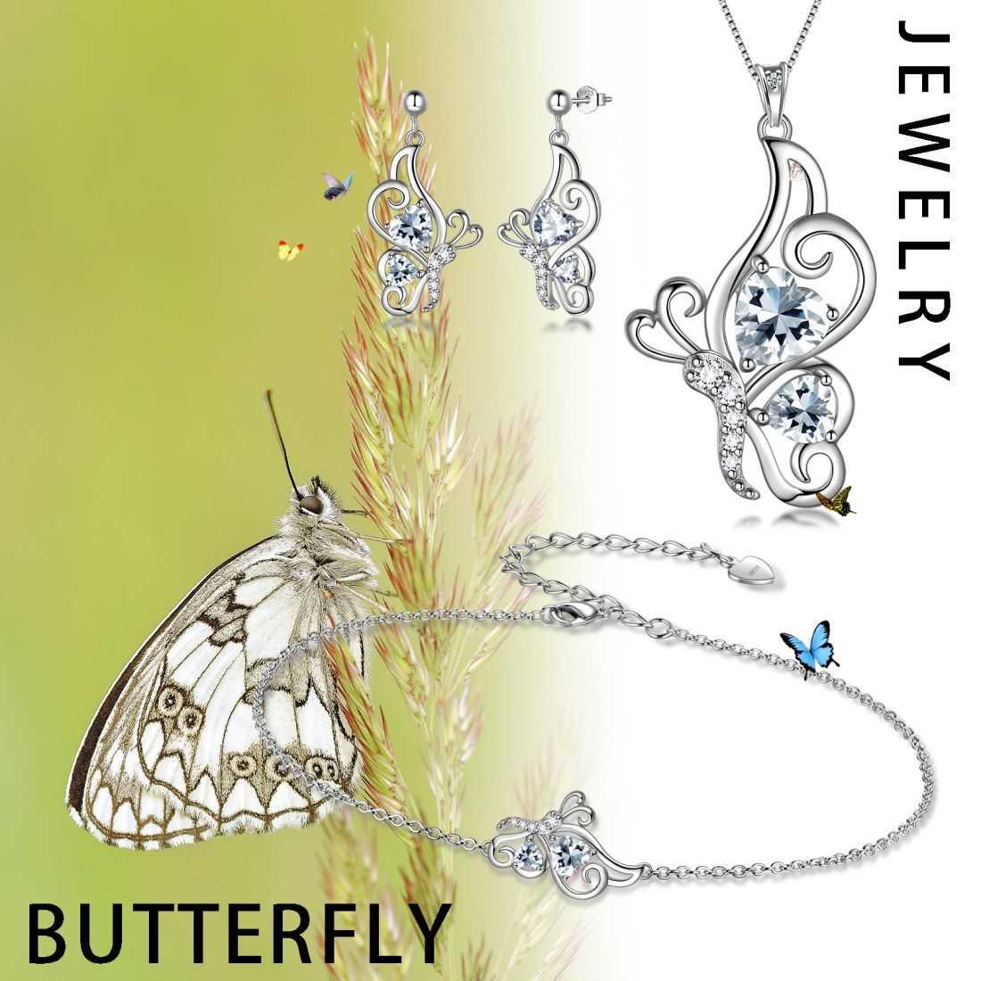 Tokyo Mart Butterfly Birthstone April Diamond Jewelry Set 4PCS Women Girls Birthday Gift