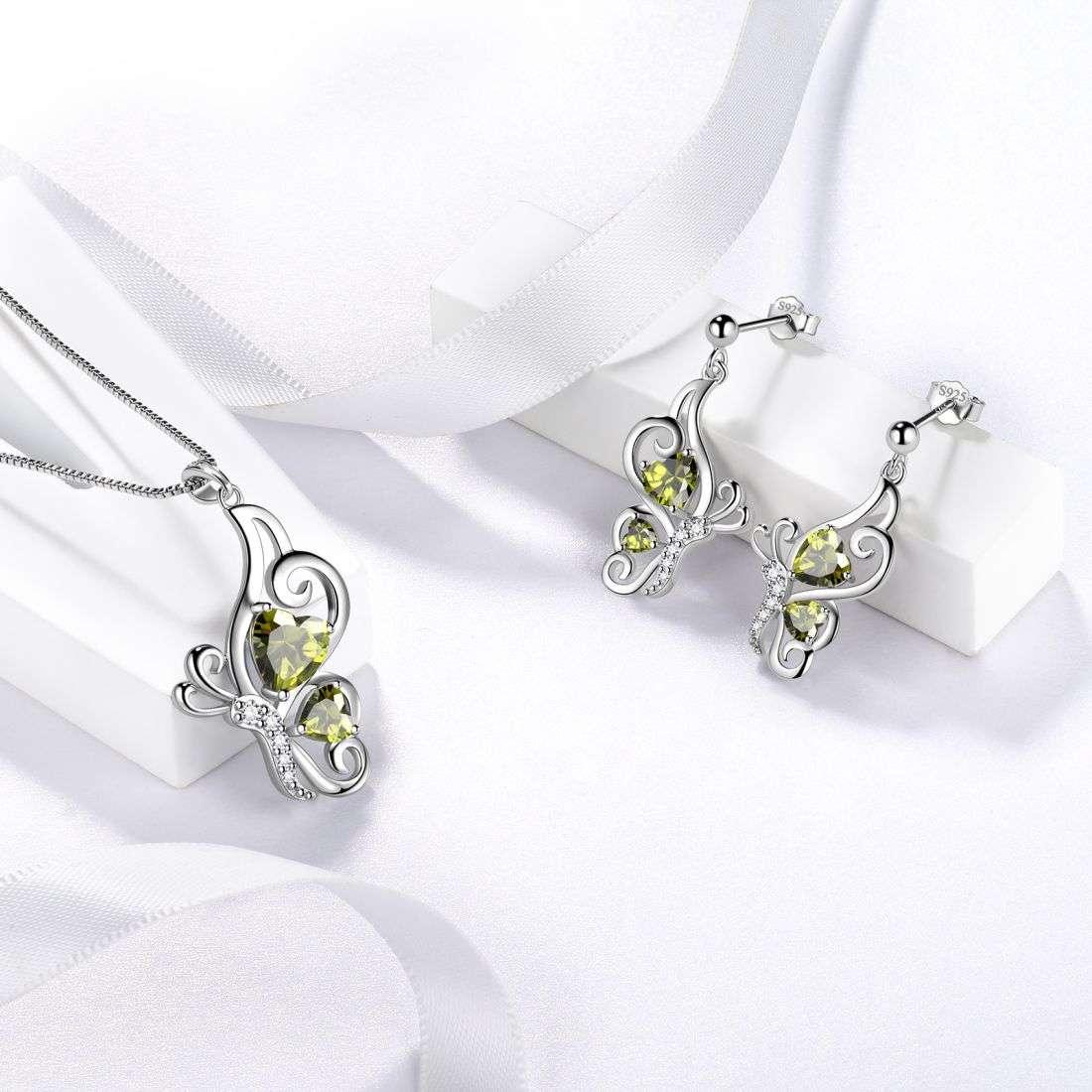 Tokyo Mart Butterfly Birthstone August Peridot Jewelry Set 3PCS Women Girls Birthday Gift