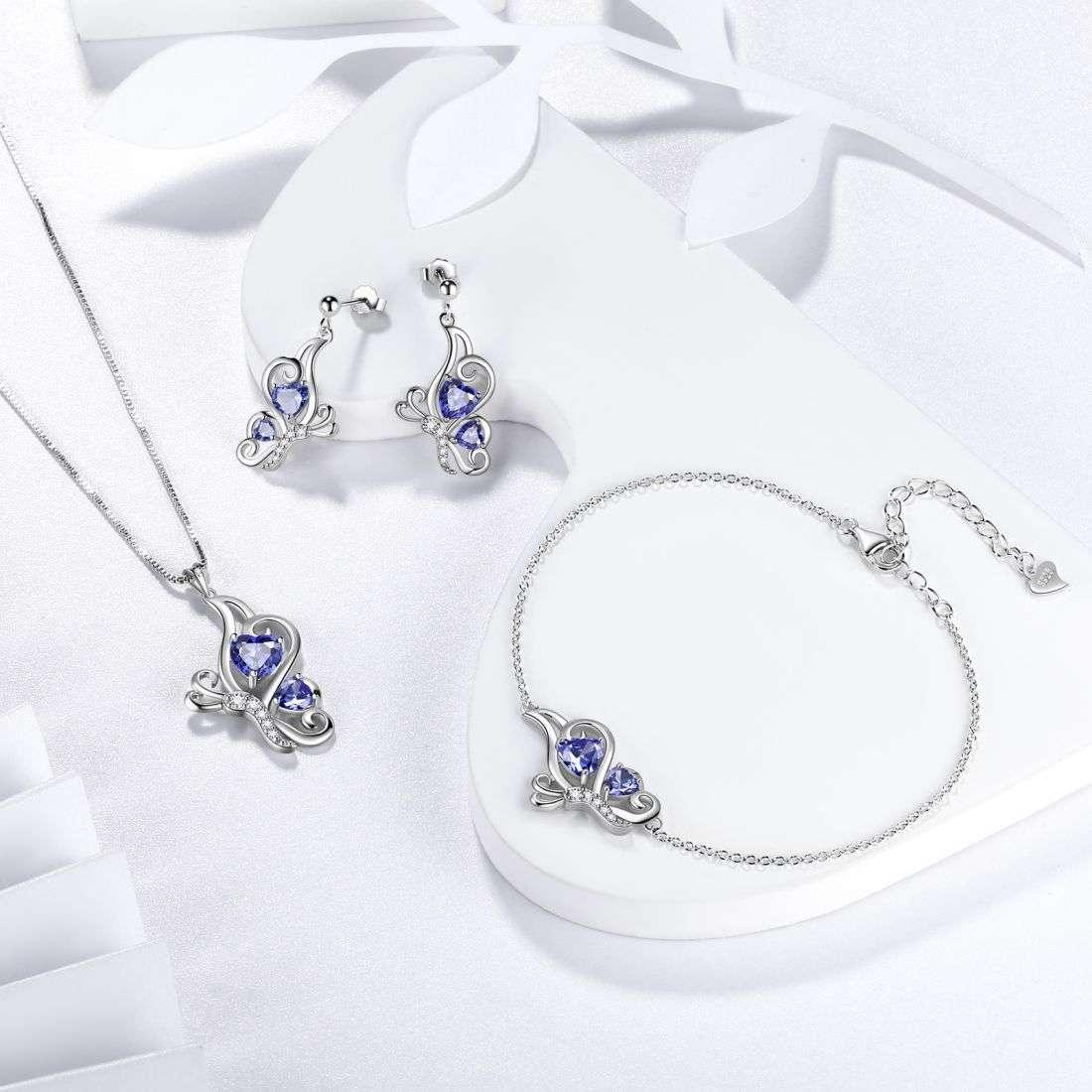 Tokyo Mart Butterfly Birthstone December Tanzanite Jewelry Set 4PCS Women Girls Birthday Gift