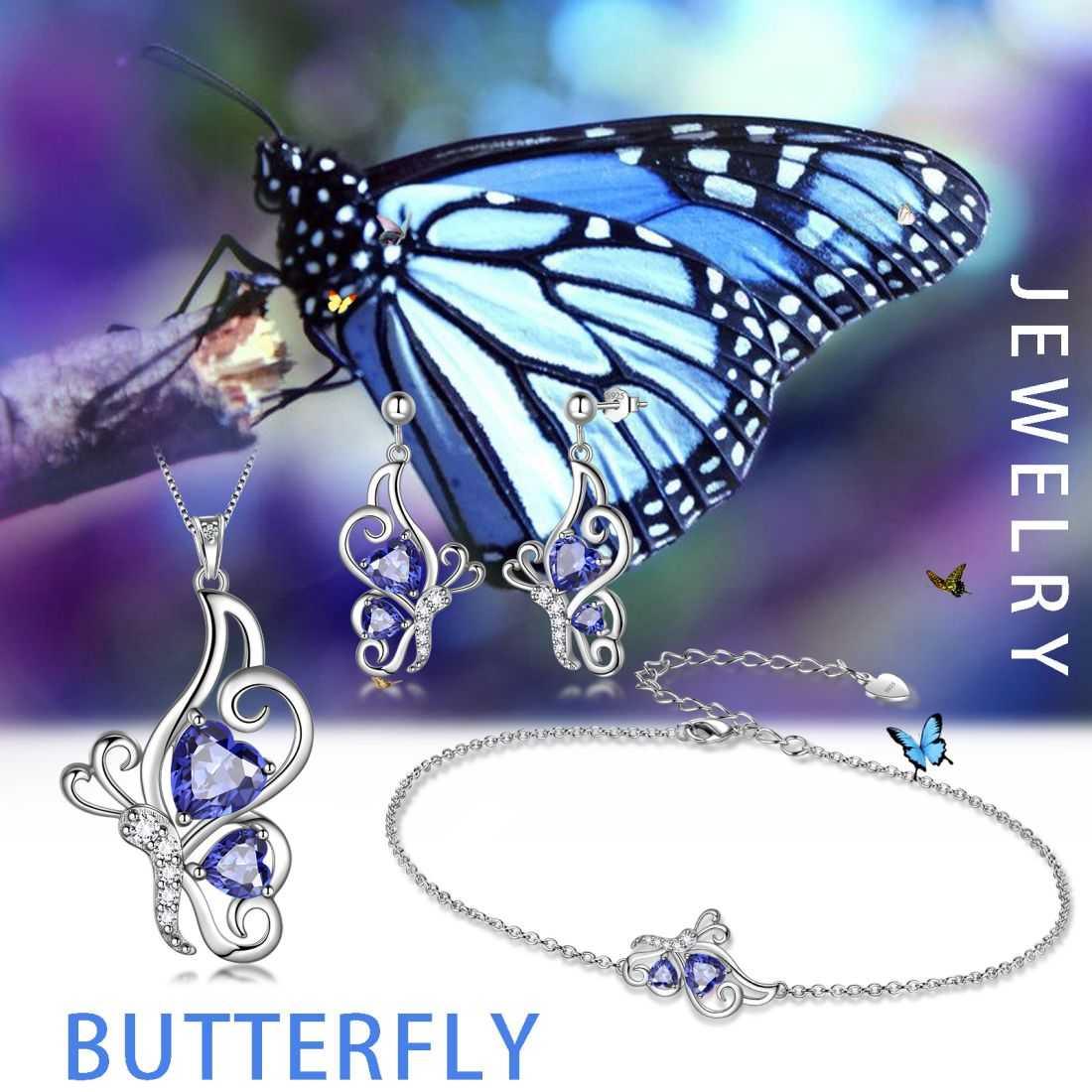 Tokyo Mart Butterfly Birthstone December Tanzanite Jewelry Set 4PCS Women Girls Birthday Gift