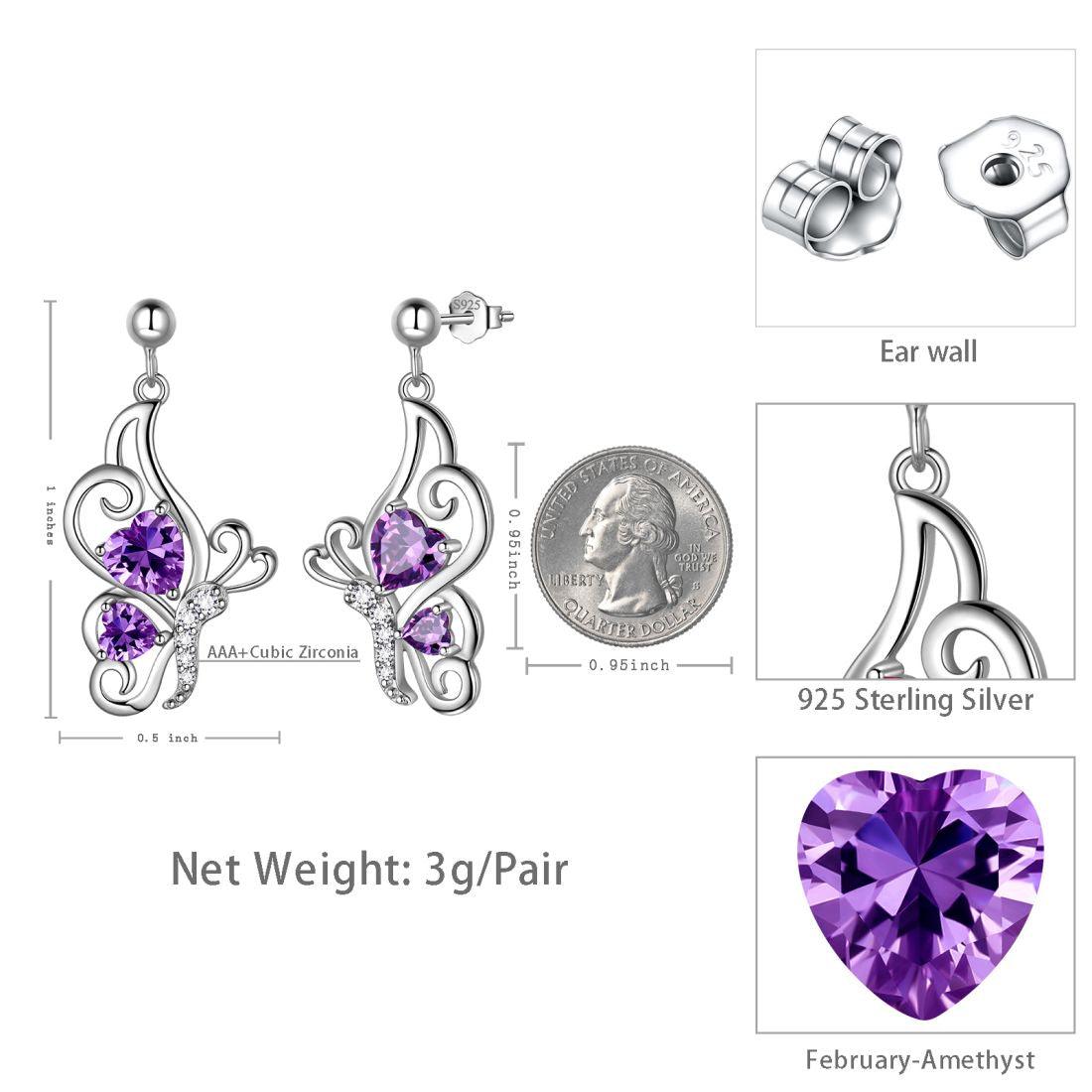 Tokyo Mart Butterfly Birthstone February Amethyst Earrings Women Girls Jewelry Birthday Gift Sterling Silver