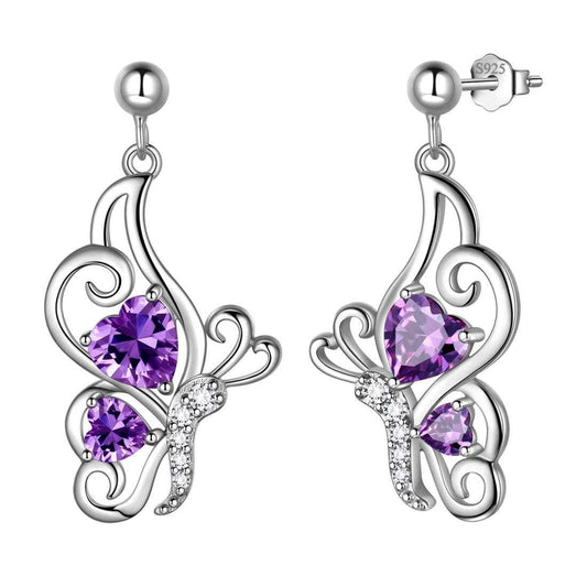 Tokyo Mart Butterfly Birthstone February Amethyst Earrings Women Girls Jewelry Birthday Gift Sterling Silver