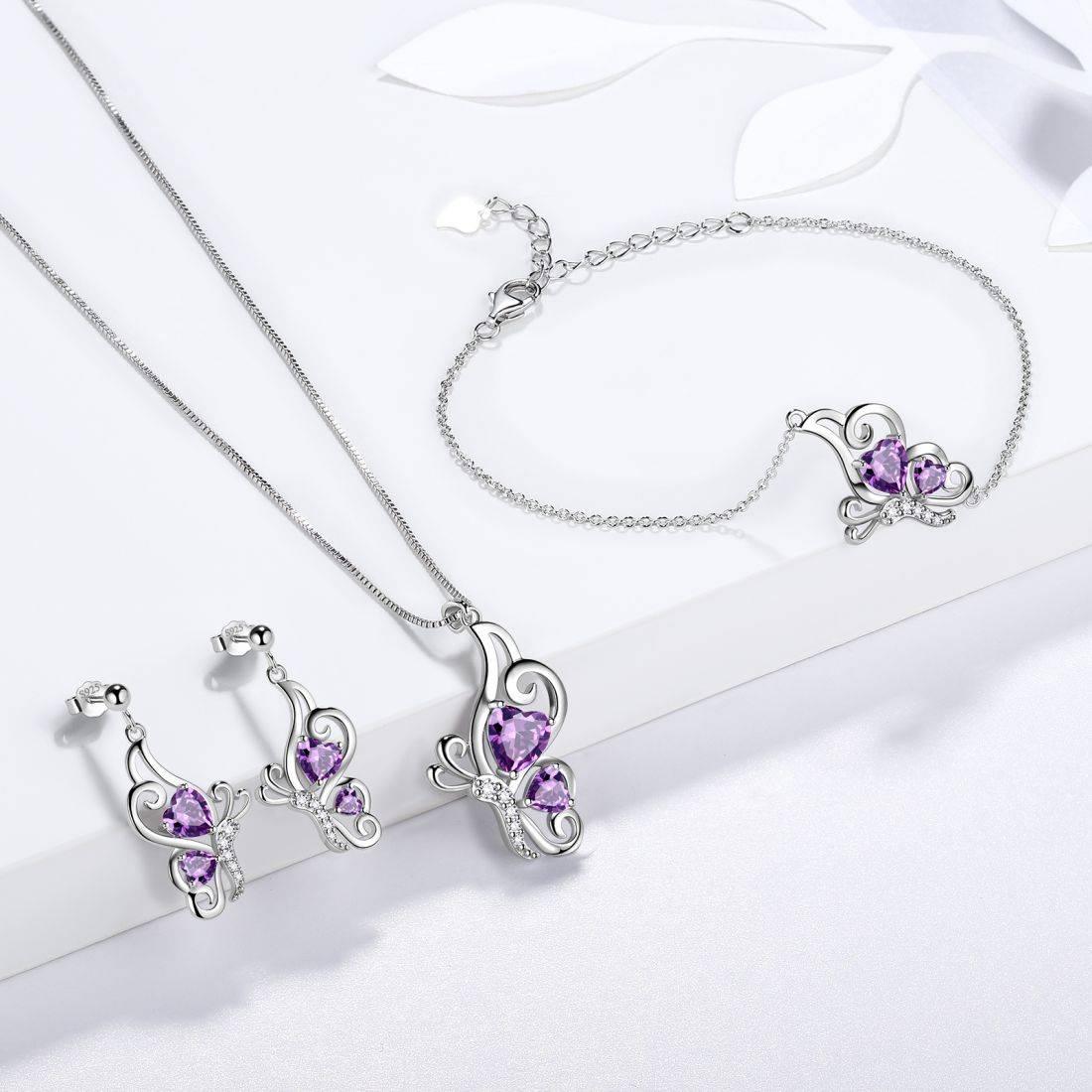 Tokyo Mart Butterfly Birthstone February Amethyst Jewelry Set 4PCS Women Girls Birthday Gift