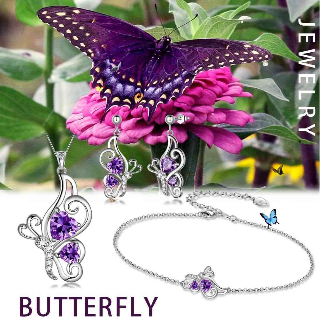 Tokyo Mart Butterfly Birthstone February Amethyst Jewelry Set 4PCS Women Girls Birthday Gift