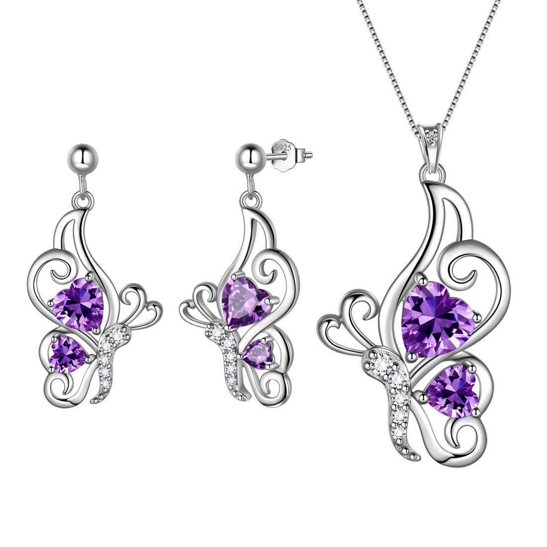 Tokyo Mart Butterfly Birthstone February Amethyst Jewelry Set 3PCS Women Girls Birthday Gift