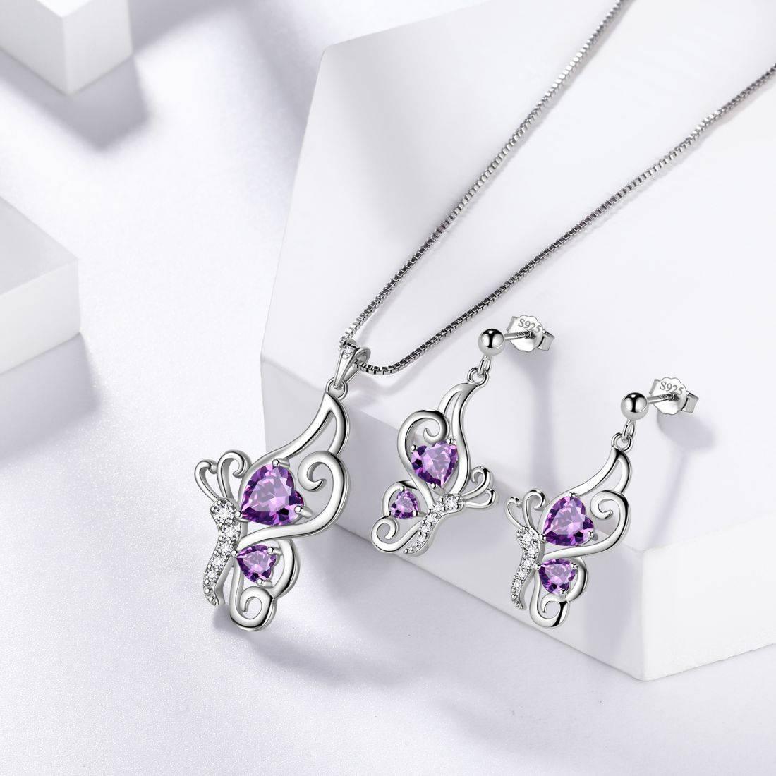 Tokyo Mart Butterfly Birthstone February Amethyst Jewelry Set 3PCS Women Girls Birthday Gift