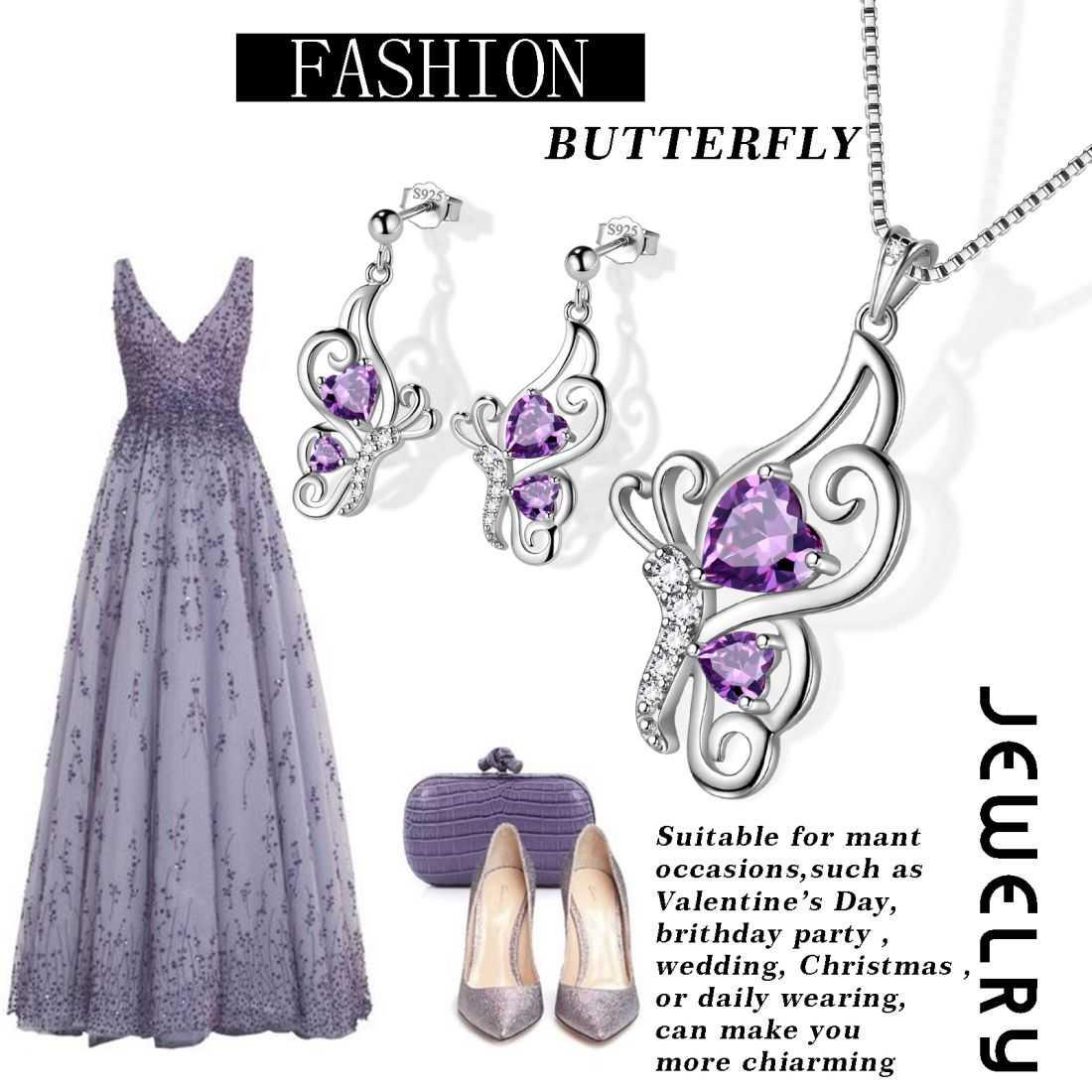 Tokyo Mart Butterfly Birthstone February Amethyst Jewelry Set 3PCS Women Girls Birthday Gift