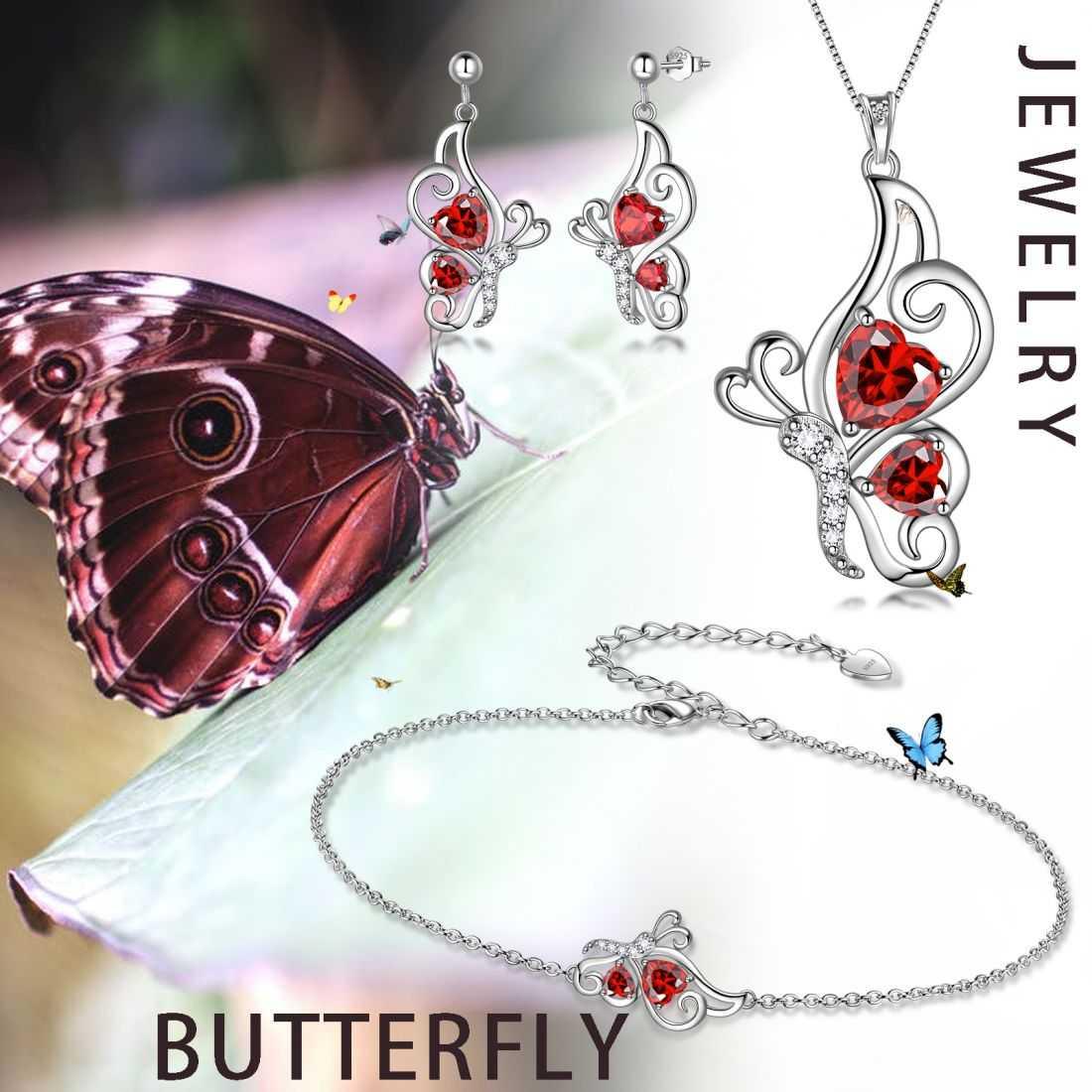 Tokyo Mart Butterfly Birthstone January Garnet Jewelry Set 4PCS Women Girls Birthday Gift