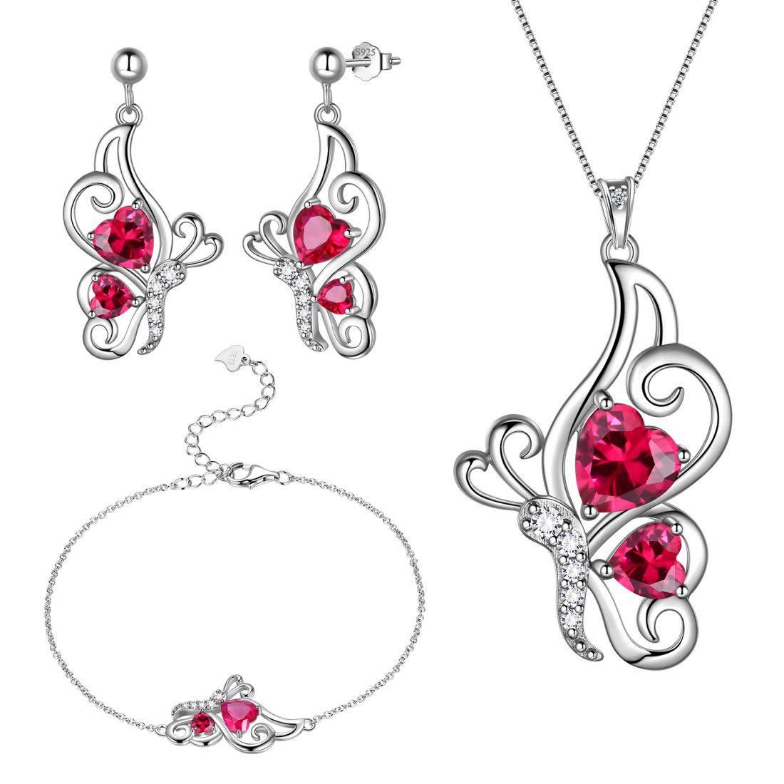 Tokyo Mart Butterfly Birthstone July Ruby Jewelry Set 4PCS Women Girls Birthday Gift